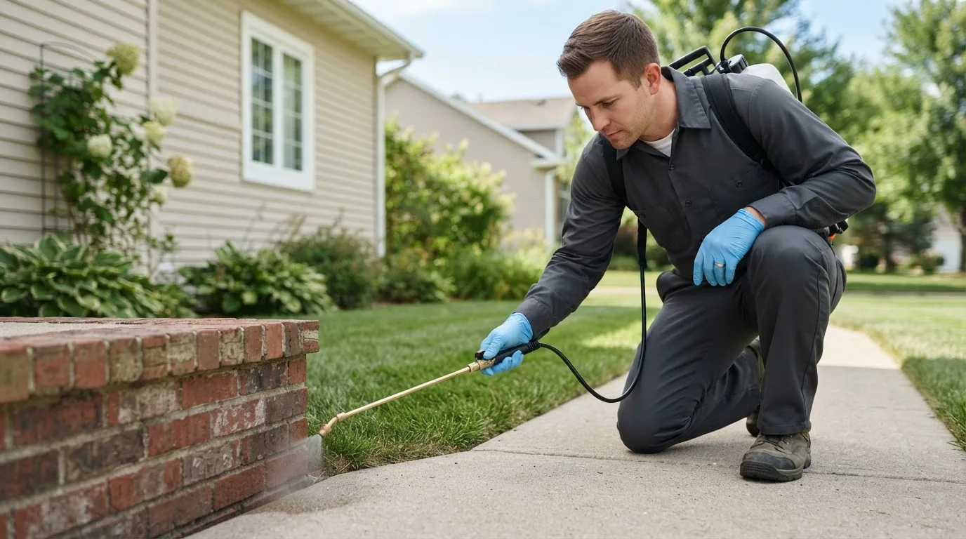 Pest control technician treating a home near Mazomanie, WI