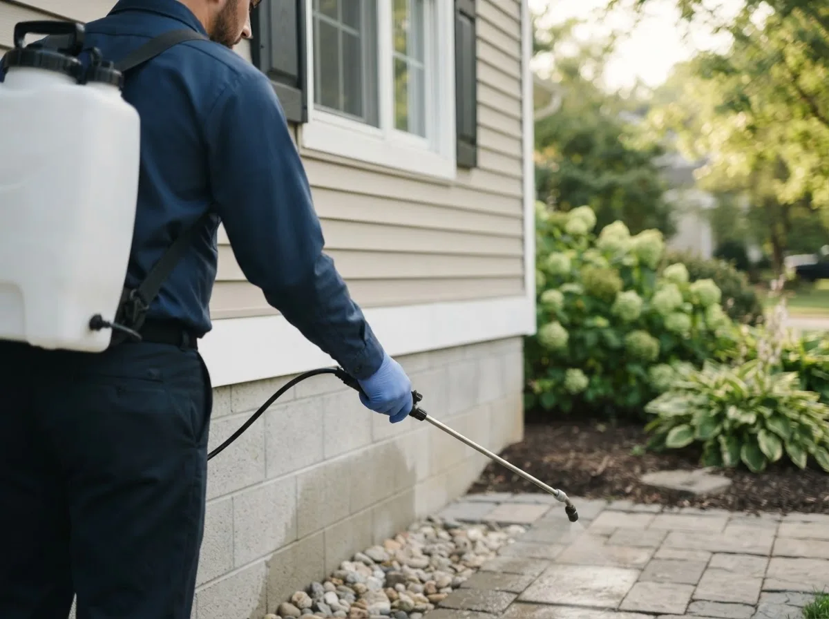 Pest control technician inspecting a home in Mazomanie, WI